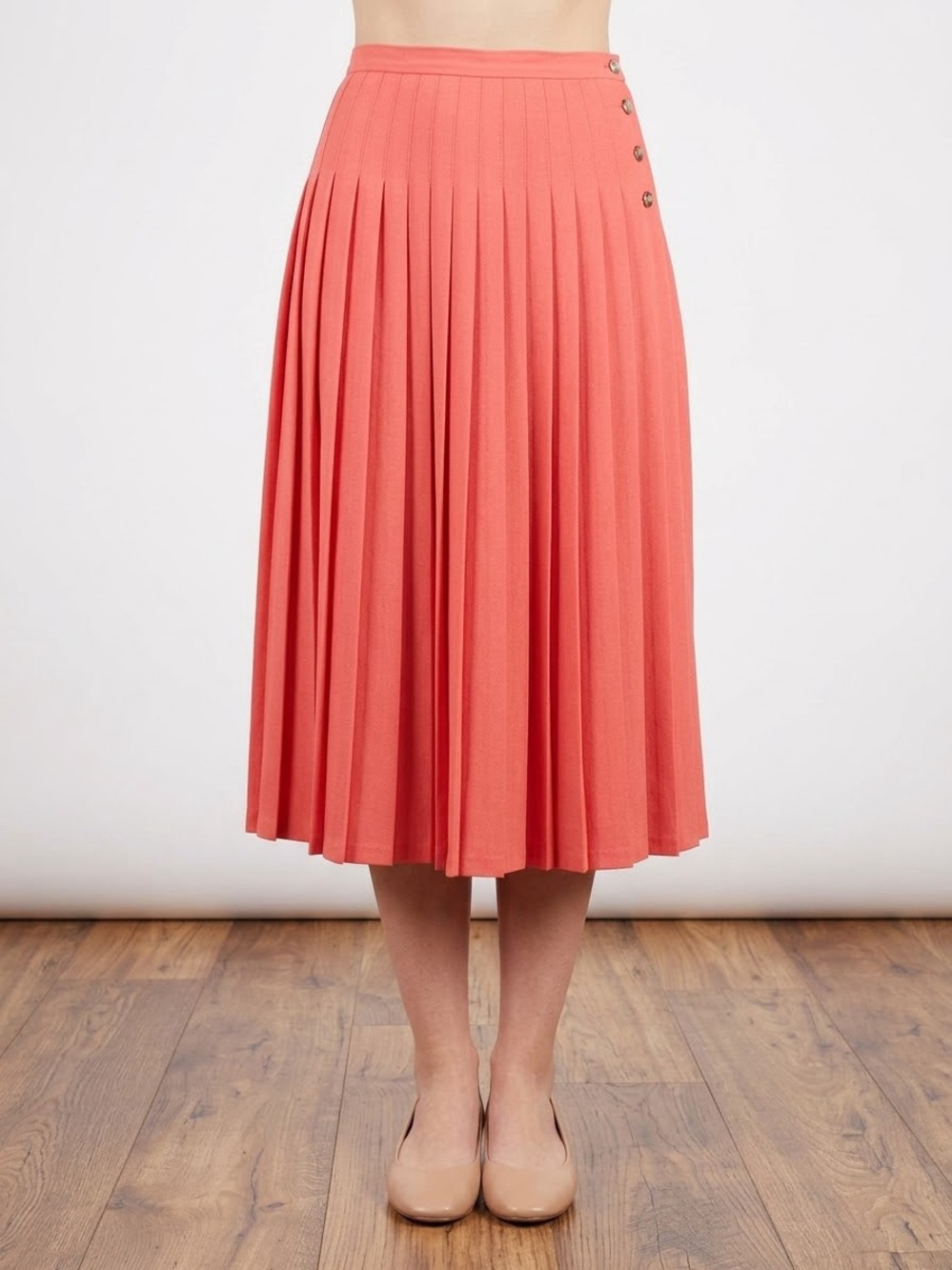 VTG Pleated Midi Skirt with Side Snap in Coral Pink